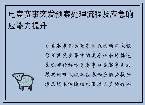 电竞赛事突发预案处理流程及应急响应能力提升