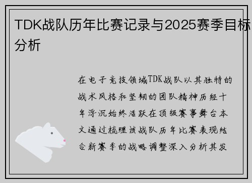TDK战队历年比赛记录与2025赛季目标分析